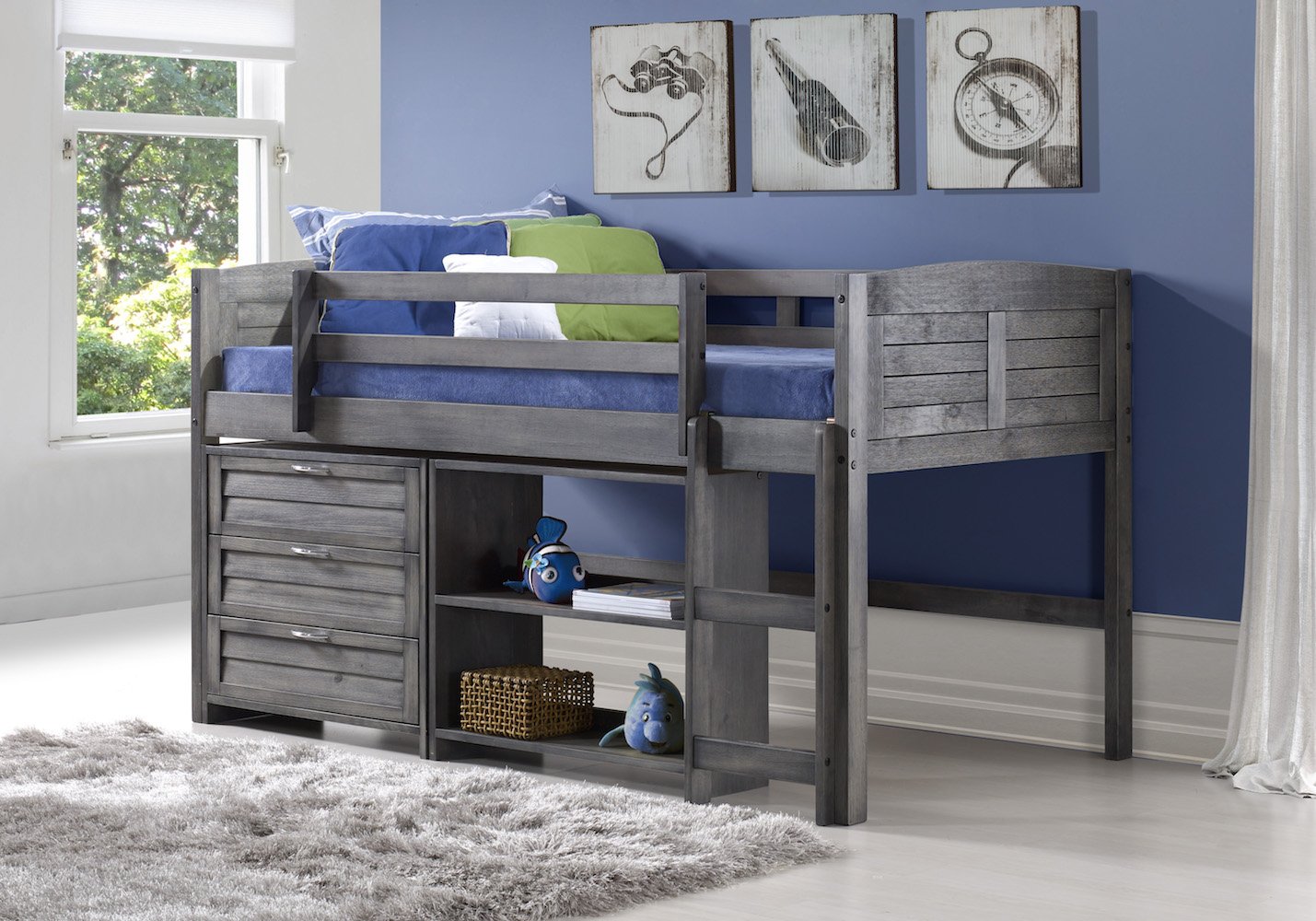 Antique Gray Low Loft Bed with Open Base