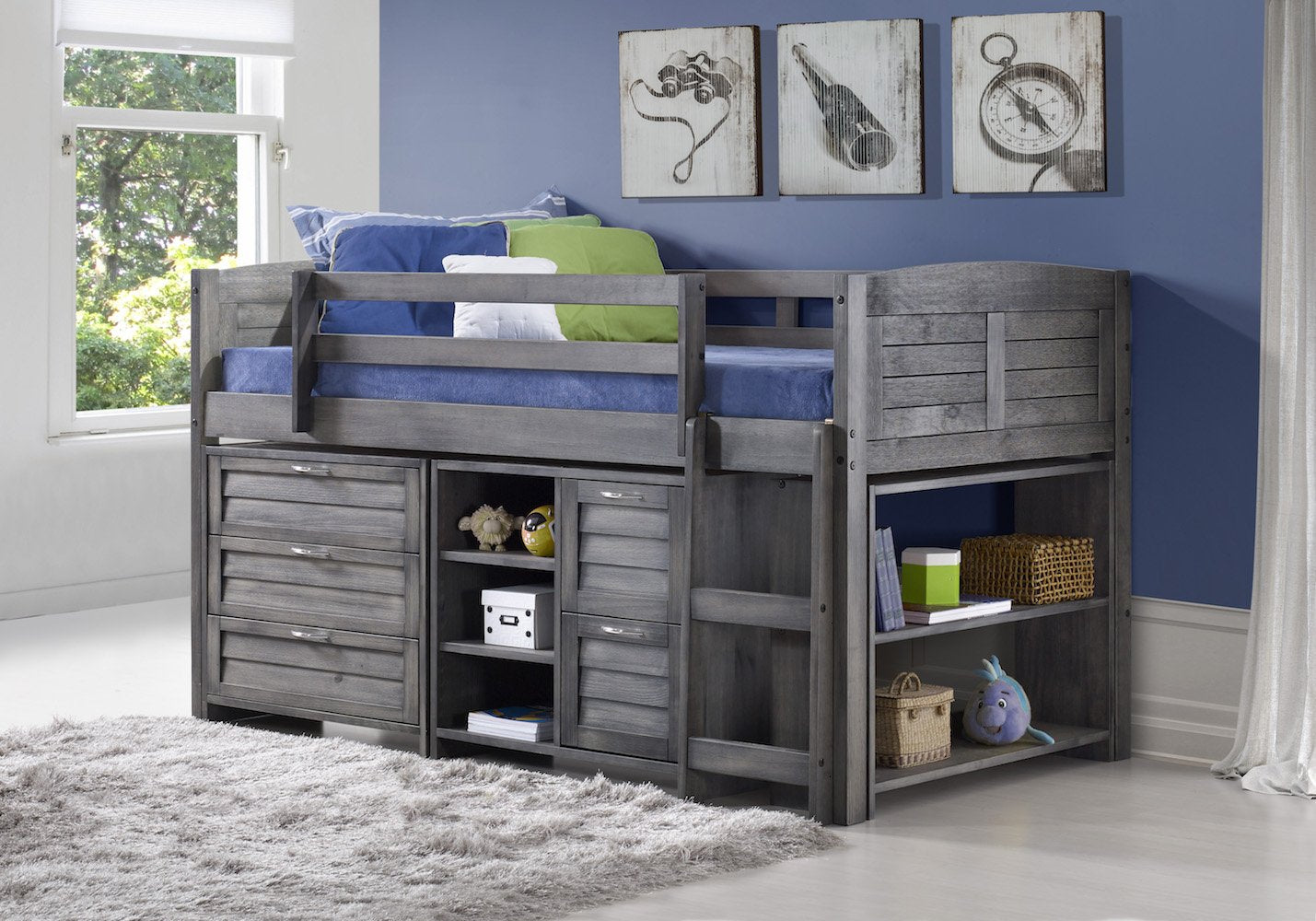 Antique Gray Low Loft Bed with Drawers