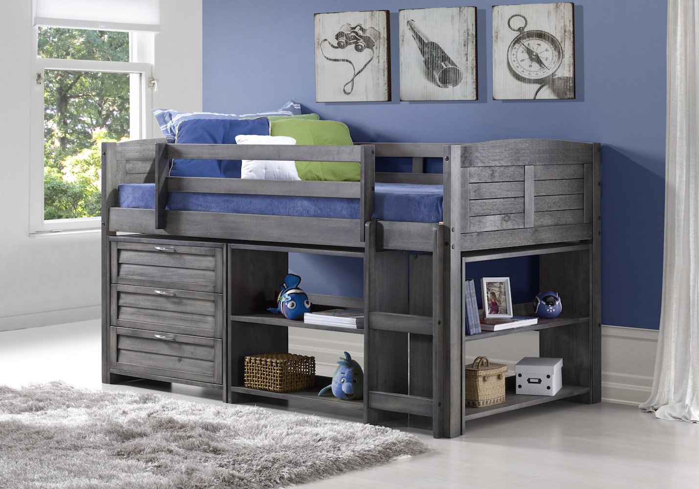 Antique Gray Low Loft Bed with Shelves