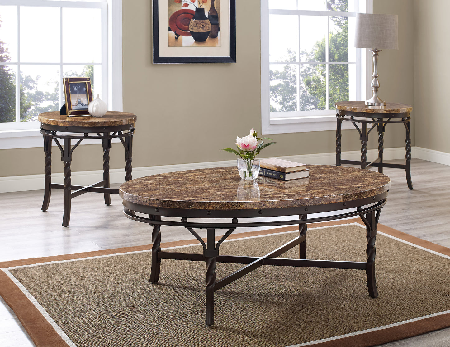 Tuscan Marble and Metal Coffee Table Set