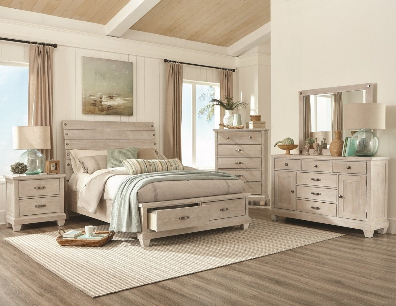 White Wash Country Queen Bedroom Set