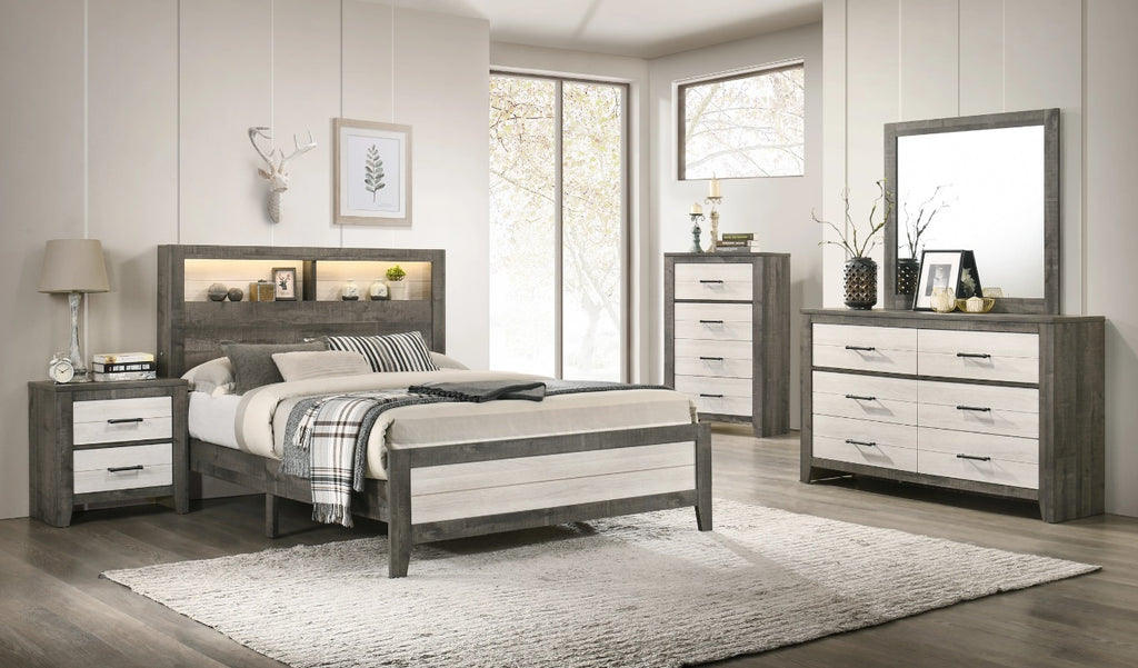 Brown and Cream LED Bookcase Queen Bedroom Set