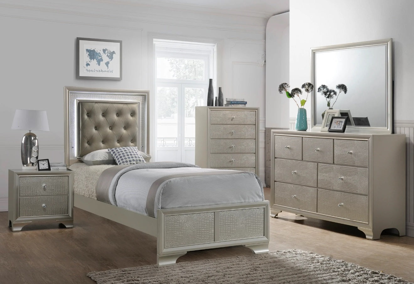 Backlit LED Champagne Twin Bedroom Set